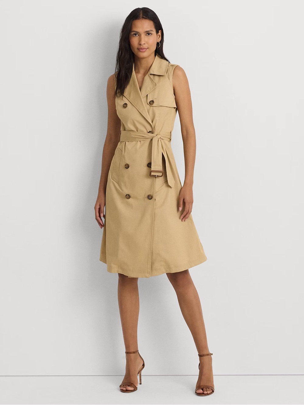 Ralph Lauren Beige Sleeveless Trench Vest Jacket Belted Double Breasted Size 6